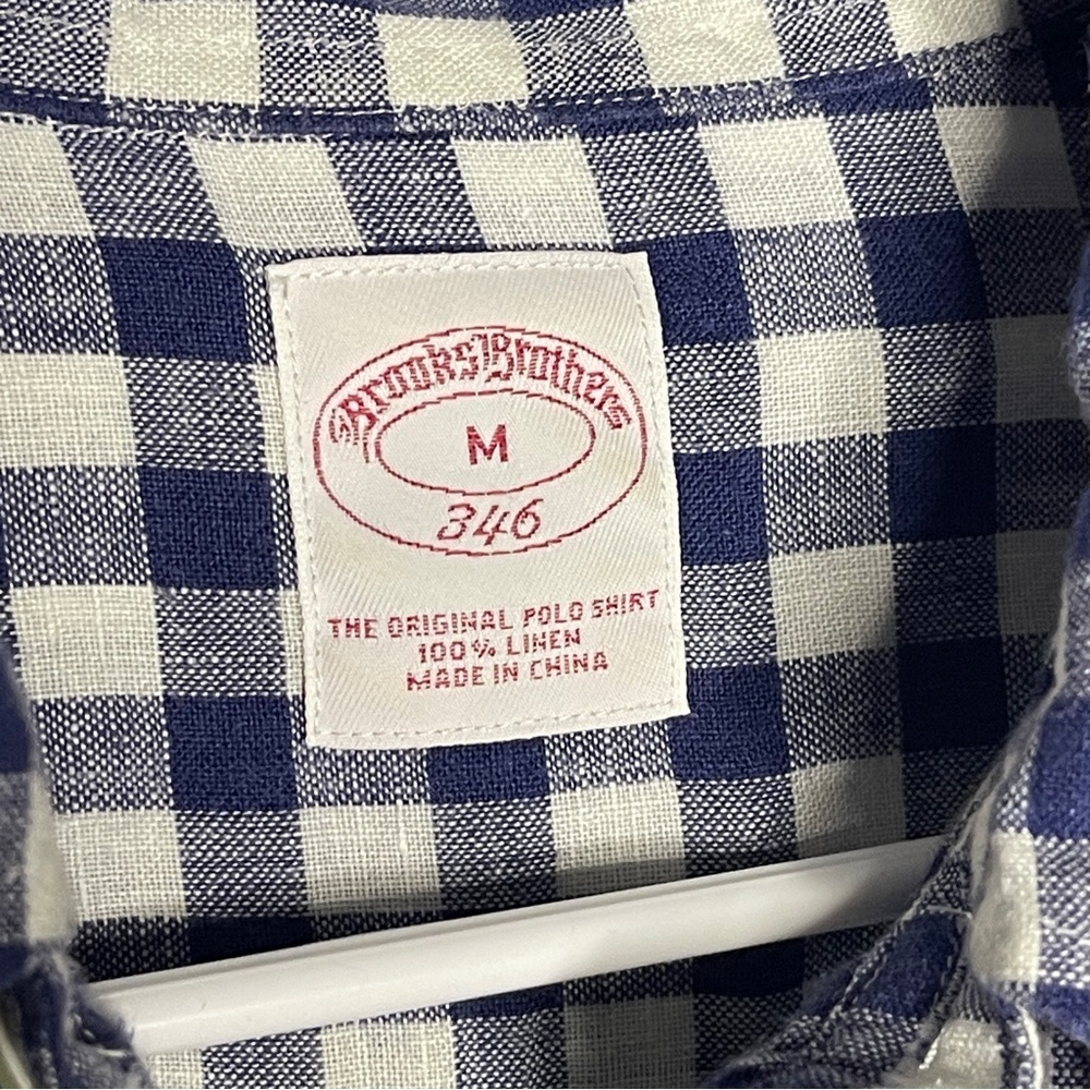 Brooks Brothers 346 Medium 100% Linen Navy Blue White Checkered Button Down EUC - Picture 2 of 7